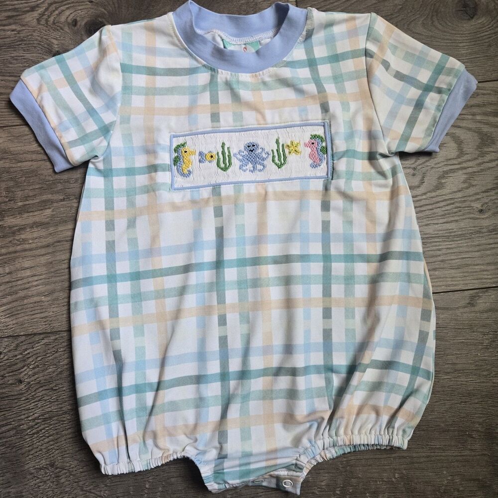 Smocked Flamingo Sea Life Plaid Knit Bubble Romper 18M Ocean Seahorse Octopus
